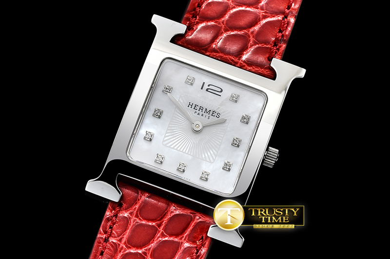 H021A - Hermes H-OUR Ladies SS/LE Red White MOP MKF Swiss Qtz